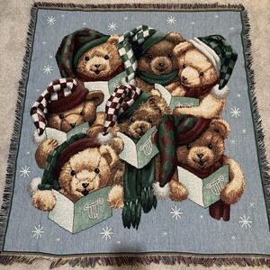 VTG Tapestry Sofa Throw Blanket Christmas Teddy Bears Caroling Fringe Mohawk